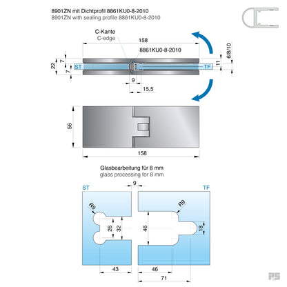 Fardello douchescharnier glas/glas 180° - 8901 - Technische Tekening