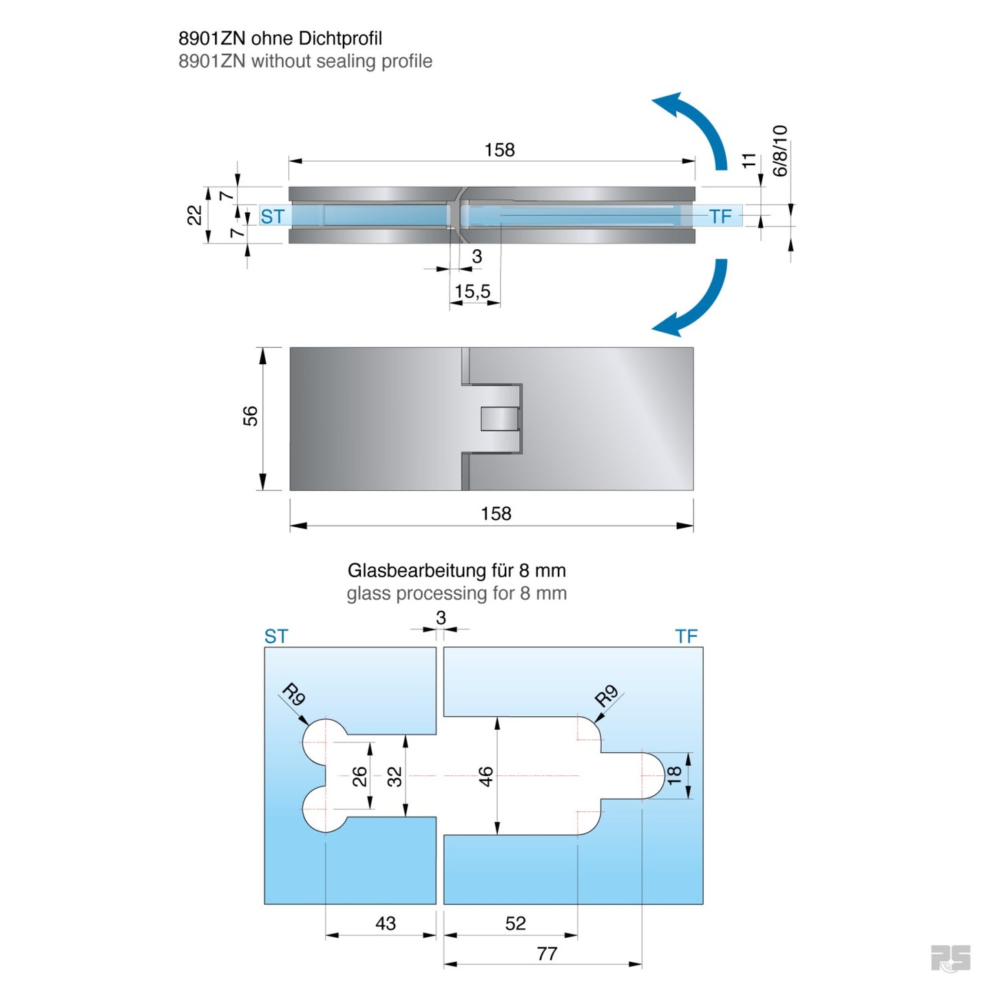 Fardello douchescharnier glas/glas 180° - 8901 - Technische Tekening