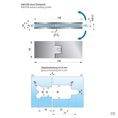 Fardello douchescharnier glas/glas 180° - 8901 - Technische Tekening