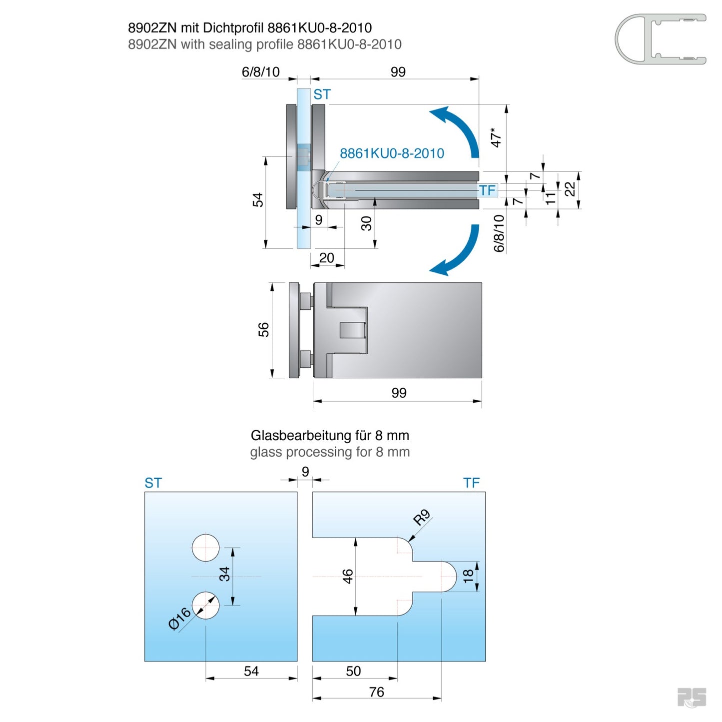 Fardello douchescharnier glas/glas 90° - 8902 - Technische Tekening