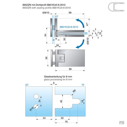 Fardello douchescharnier glas/glas 90° - 8902 - Technische Tekening