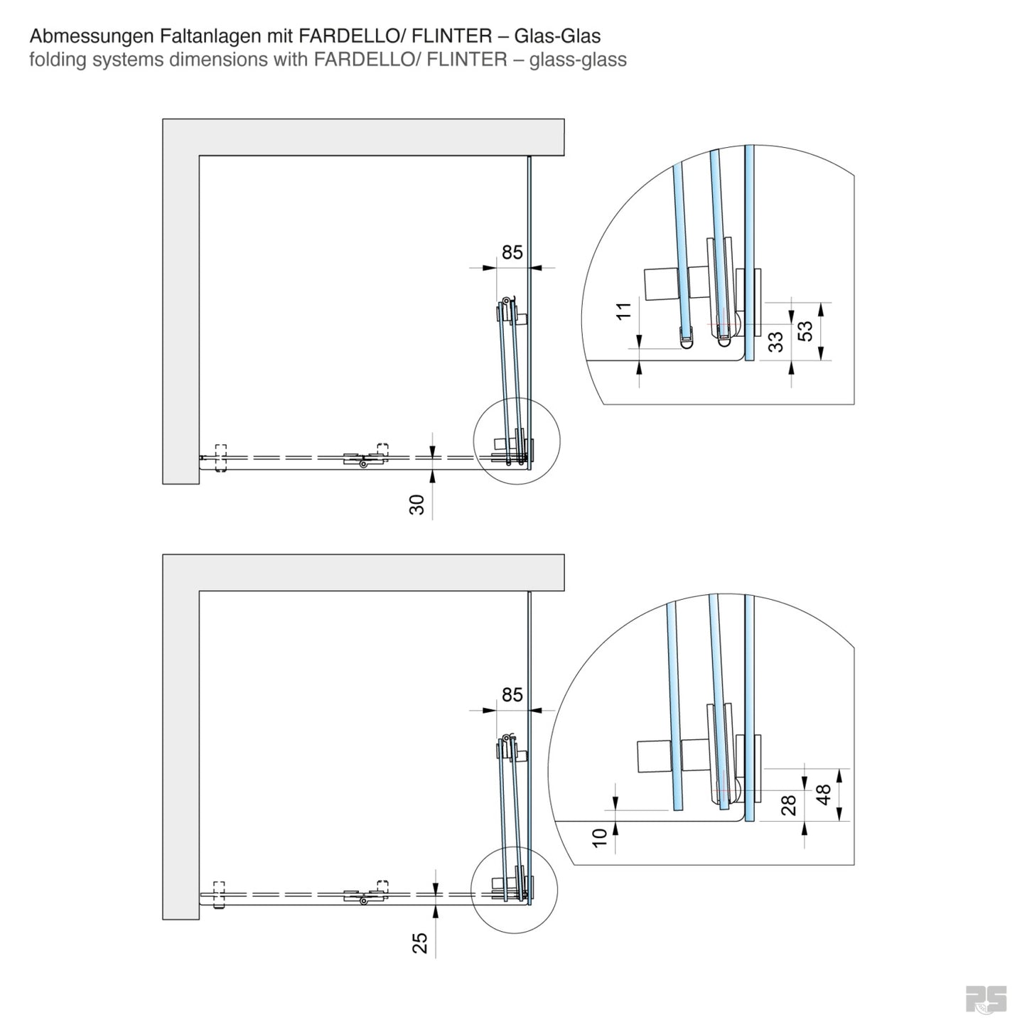 Fardello douchescharnier glas/glas 90° - 8902 - Technische Tekening
