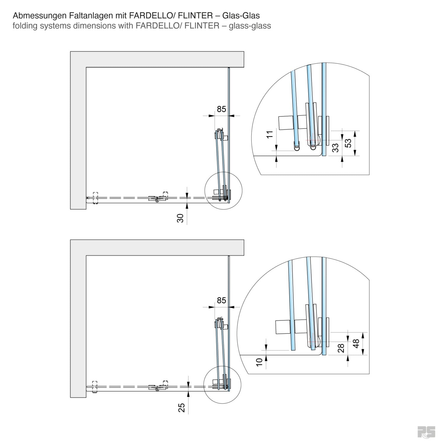 Fardello douchescharnier glas/glas 90° - 8902 - Technische Tekening